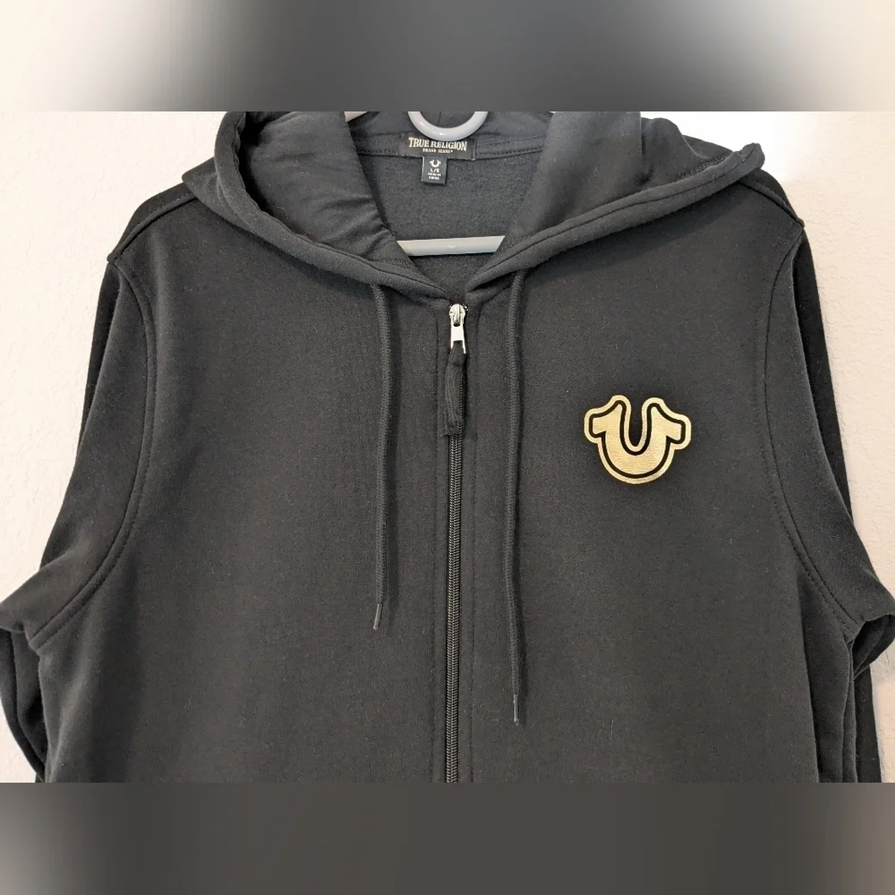 True Religion Black Buddha Foil Graphic Full Zip Fleece Drawstring Hoodie LG